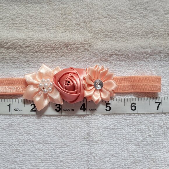 Handmade Baby Girls Headband Peach Size 0-3m 12"-14" D New - Picture 4 of 5